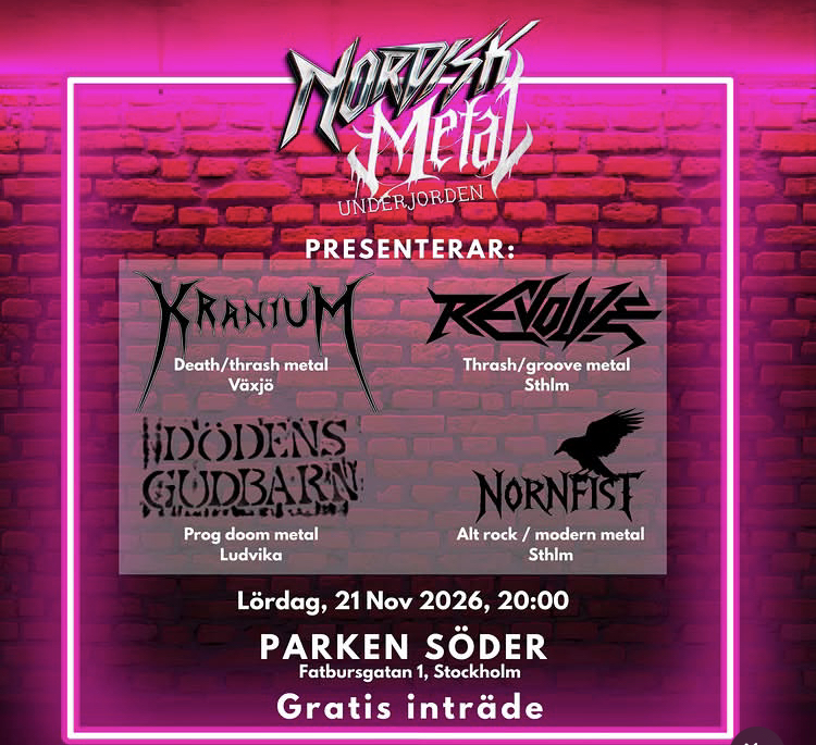 Kranium + Revolver + Dödens gudbarn + Nornfist live at Parken Söder, Fatbursgatan 1, Stockholm 21 Nov 2026 — gig poster